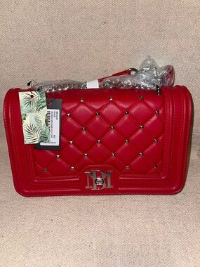 Badgley Mischka Vegan Leather Studded Red Crossbody with chain style straps NWT